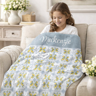 Blue Watercolor French Country Lemon Name Monogram Fleece Blanket