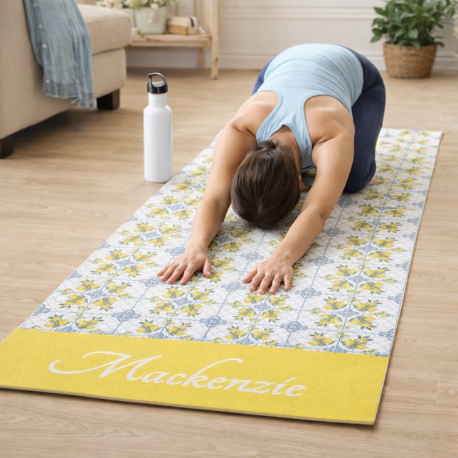 Blue Watercolor French Country Lemon Name Monogram Yoga Mat (Creator Uploaded)