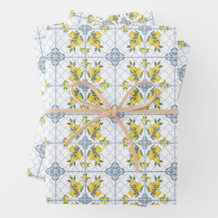 Blue Watercolor French Country Lemon Wrapping Paper Sheet