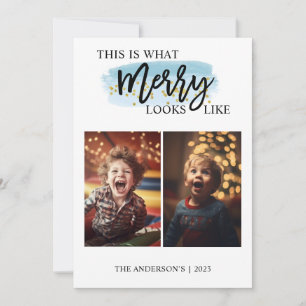 Blue Watercolor Funny Kids Two Photo Holiday Card