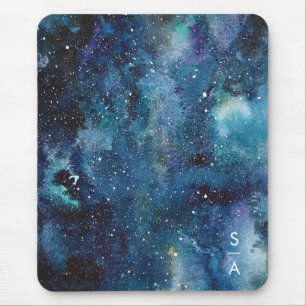 Blue Watercolor Galaxy Space Stars Initials Mouse Mat