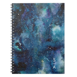 Blue Watercolor Galaxy Space Stars Initials Notebook