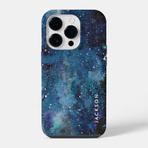 Blue Watercolor Galaxy Space Stars Name iPhone 14 Pro Case