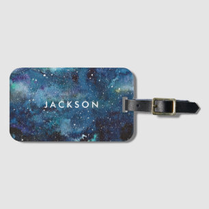 Blue Watercolor Galaxy Space Stars Name Luggage Tag