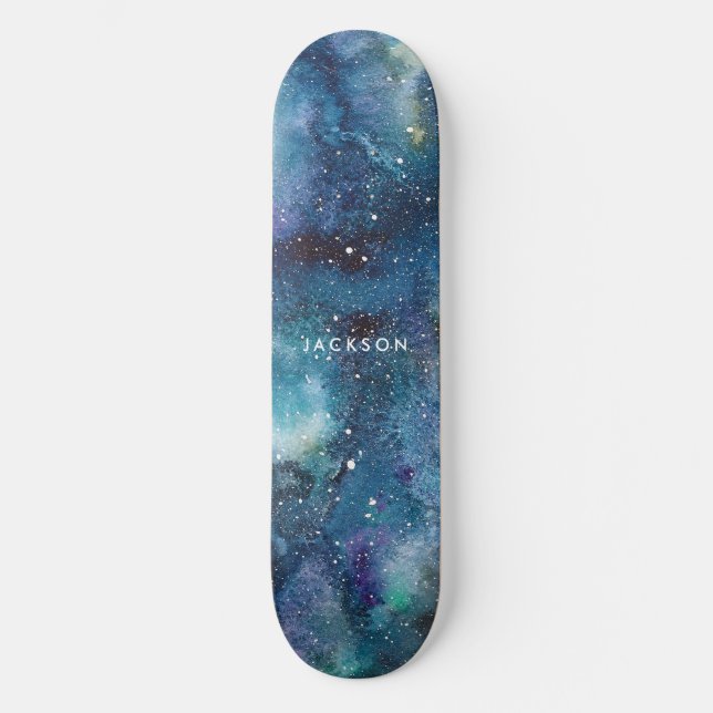 Blue Watercolor Galaxy Space Stars Name Skateboard (Front)