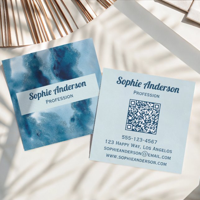 Blue Watercolor Geode QR Code Professional Square Business Card (Creator Uploaded)