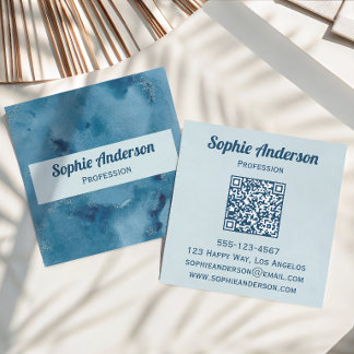 Blue Watercolor Geode QR Code Professional Square Business Card