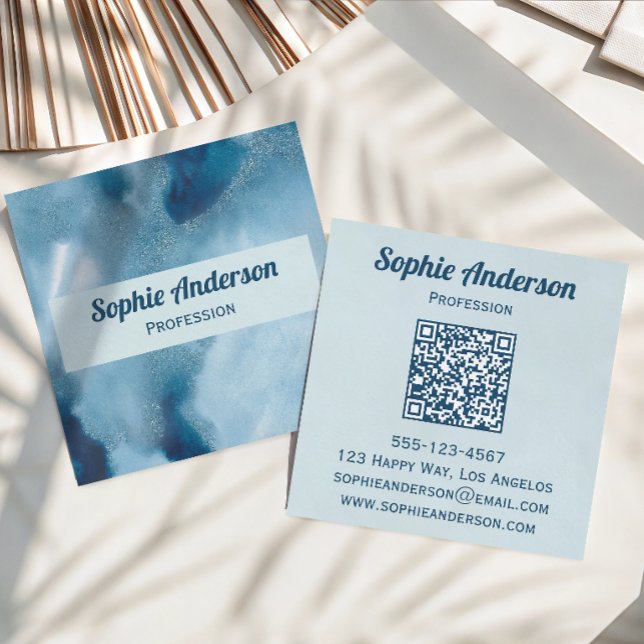 Blue Watercolor Geode QR Code Professional Square Business Card (Creator Uploaded)