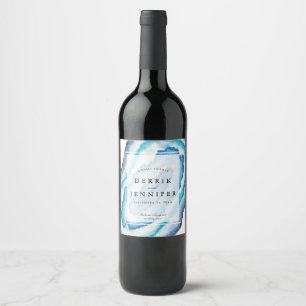 Blue Watercolor Geodes Wedding Wine Label