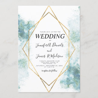 blue watercolor geometric gold frame wedding invitation