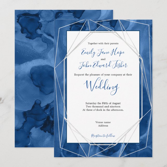 Blue Watercolor/Geometric Silver Lines Wedding Invitation (Front/Back)