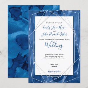 Blue Watercolor/Geometric Silver Lines Wedding Invitation