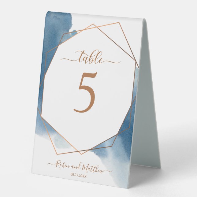 Blue Watercolor Geometrical Copper Wedding Number (Front)