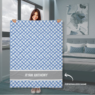 Blue Watercolor Gingham Plaid Checkered Boys Name  Fleece Blanket