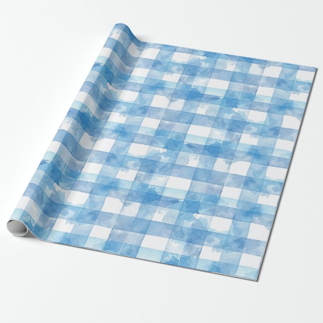 Blue Watercolor Gingham Wrapping Paper (Unrolled)
