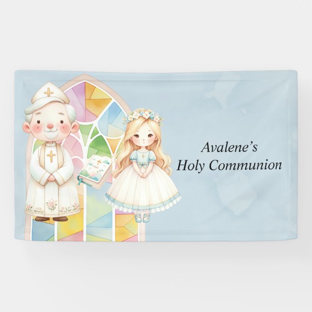 Blue Watercolor Girl 1st. Communion  Banner (Horizontal)