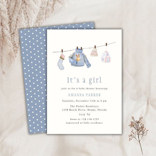 Blue Watercolor Girl Winter Clothes Baby Shower  Invitation (Blue Watercolor Girl Winter Clothes Baby Shower Invitation)