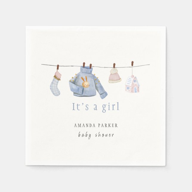 Blue Watercolor Girl Winter Clothes Baby Shower  Napkin (Front)