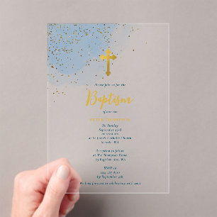 Blue Watercolor Glitter Gold Cross Baptism Boy Acrylic Invitations
