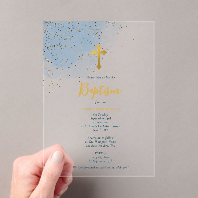Blue Watercolor Glitter Gold Cross Baptism Boy Acrylic Invitations (Insitu (Handheld))