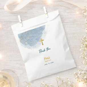 Blue Watercolor Glitter Gold Cross Baptism Boy Favour Bags