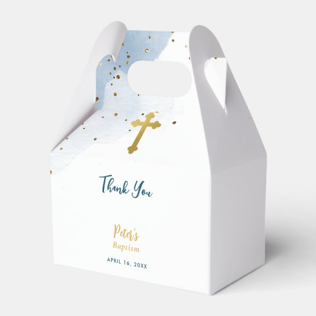 Blue Watercolor Glitter Gold Cross Baptism Boy Favour Box (Front Side)