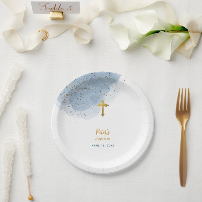 Blue Watercolor Glitter Gold Cross Baptism Boy  Paper Plate (Wedding)