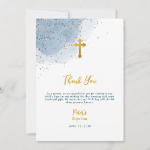 Blue Watercolor Glitter Gold Cross Baptism  Thank You Card