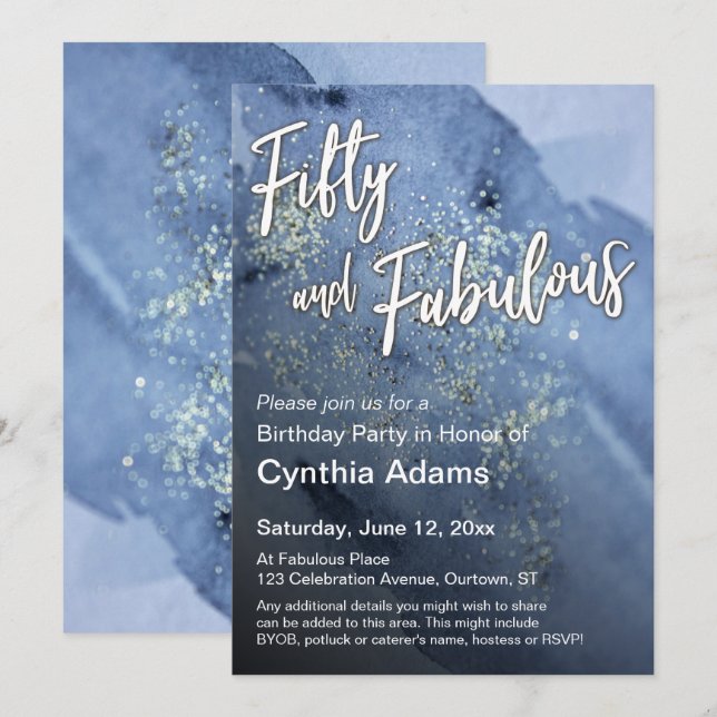 Blue Watercolor Glitter Modern Fifty and Fabulous Invitation (Front/Back)