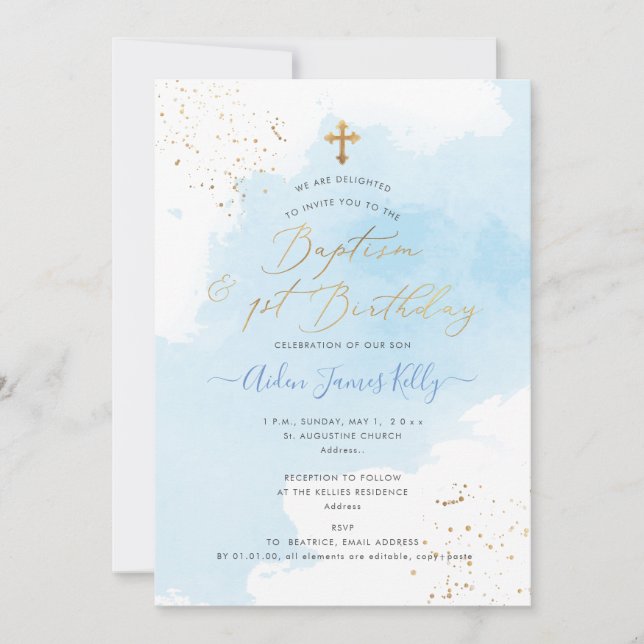 Blue Watercolor Gold Baptism+1st Birthday Invitation (Front)