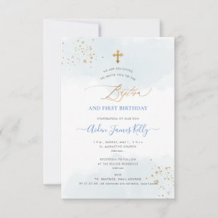 Blue Watercolor Gold Baptism+1st Birthday Invitation