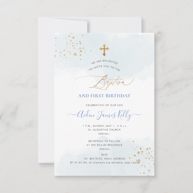 Blue Watercolor Gold Baptism+1st Birthday Invitation (Front)