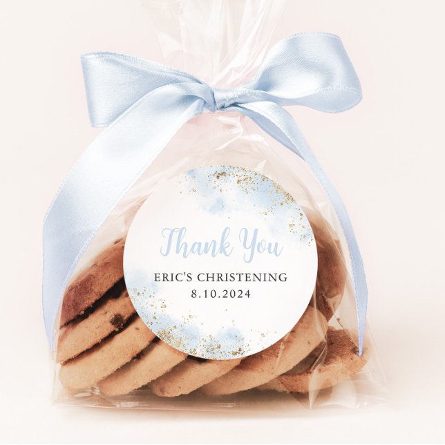 Blue Watercolor Gold Boy Christening Baptism Classic Round Sticker (Baptism Favor Stickers | Matching items available)