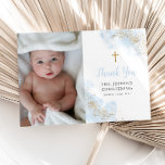 Blue Watercolor Gold Boy Christening Baptism Photo Thank You Card<br><div class="desc">Blue watercolour with faux gold glitter details and faux gold religious cross thank you card. A modern and elegant Christening or Baptism photo thank you card to thank your guests.</div>
