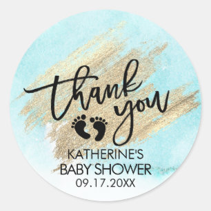Blue Watercolor Gold Brush Stroke Baby Shower Classic Round Sticker