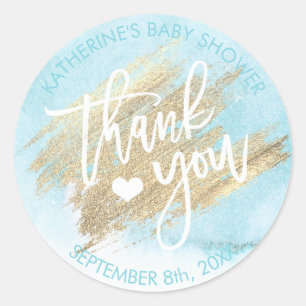 Blue Watercolor Gold Brush Stroke Baby Shower Classic Round Sticker