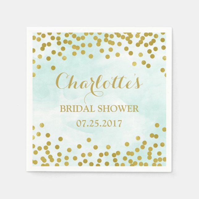 Blue Watercolor Gold Confetti Bridal Shower Napkin (Front)