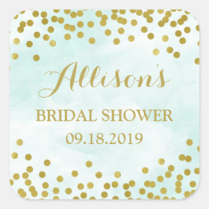 Blue Watercolor Gold Confetti Bridal Shower Square Sticker