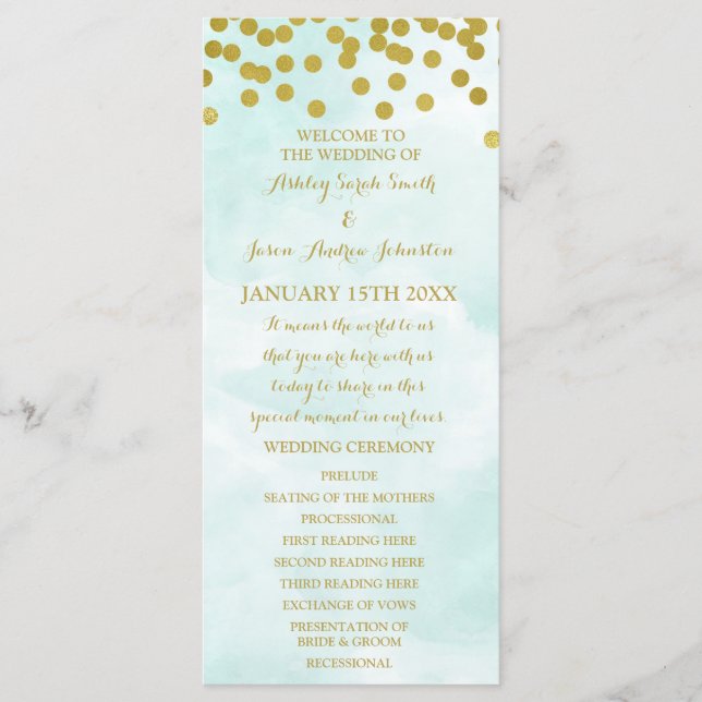 Blue Watercolor Gold Confetti Wedding Program Programme (Front)