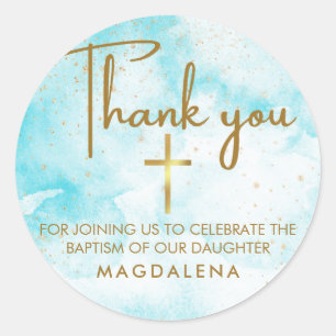 Blue Watercolor Gold Cross Baptism Thank You Favou Classic Round Sticker