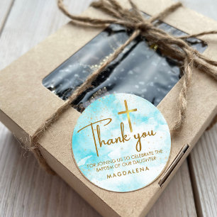 Blue Watercolor Gold Cross Baptism Thank You Favou Classic Round Sticker