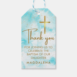 Blue Watercolor Gold Cross Baptism Thank You Favou Gift Tags