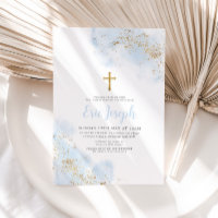 Blue Watercolor Gold Cross Boy Christening Baptism