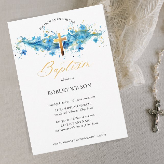 Blue Watercolor Gold Cross Boy Christening Baptism Invitation (Creator Uploaded)