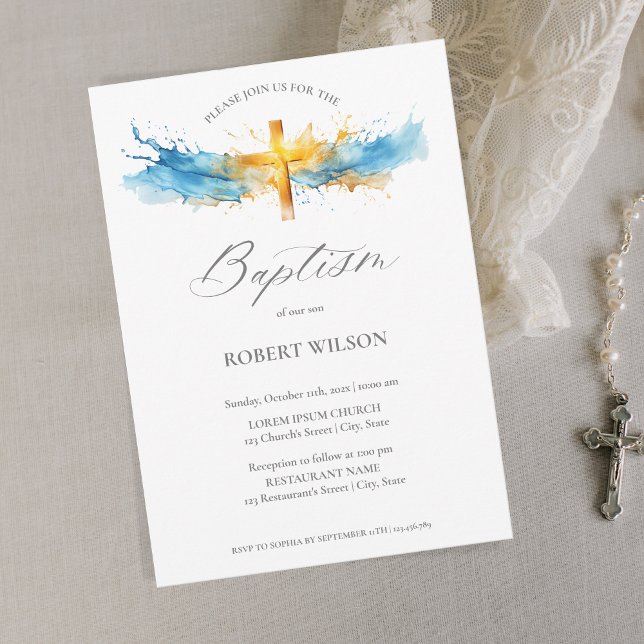 Blue Watercolor Gold Cross Boy Christening Baptism Invitation (Creator Uploaded)