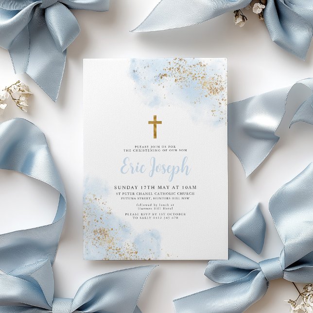 Blue Watercolor Gold Cross Boy Christening Baptism Invitation (Blue Watercolour and gold Boy's Baptism Invitation with Gold Cross. )