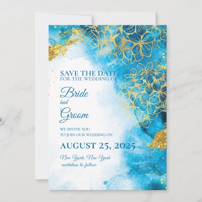 Blue Watercolor & Gold Flower Save the Date Card (Front)