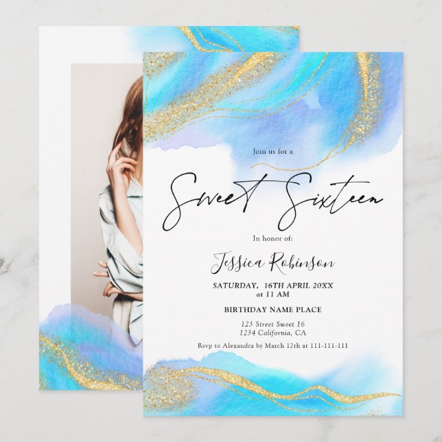 Blue watercolor gold glitter photo Sweet 16 Invitation (Front/Back)