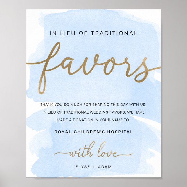 Blue Watercolor Gold In Lieu Of Favors Sign (Front)