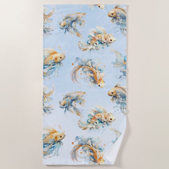 Blue Watercolor Gold Koi Fish Floral Beach Towel (Front)